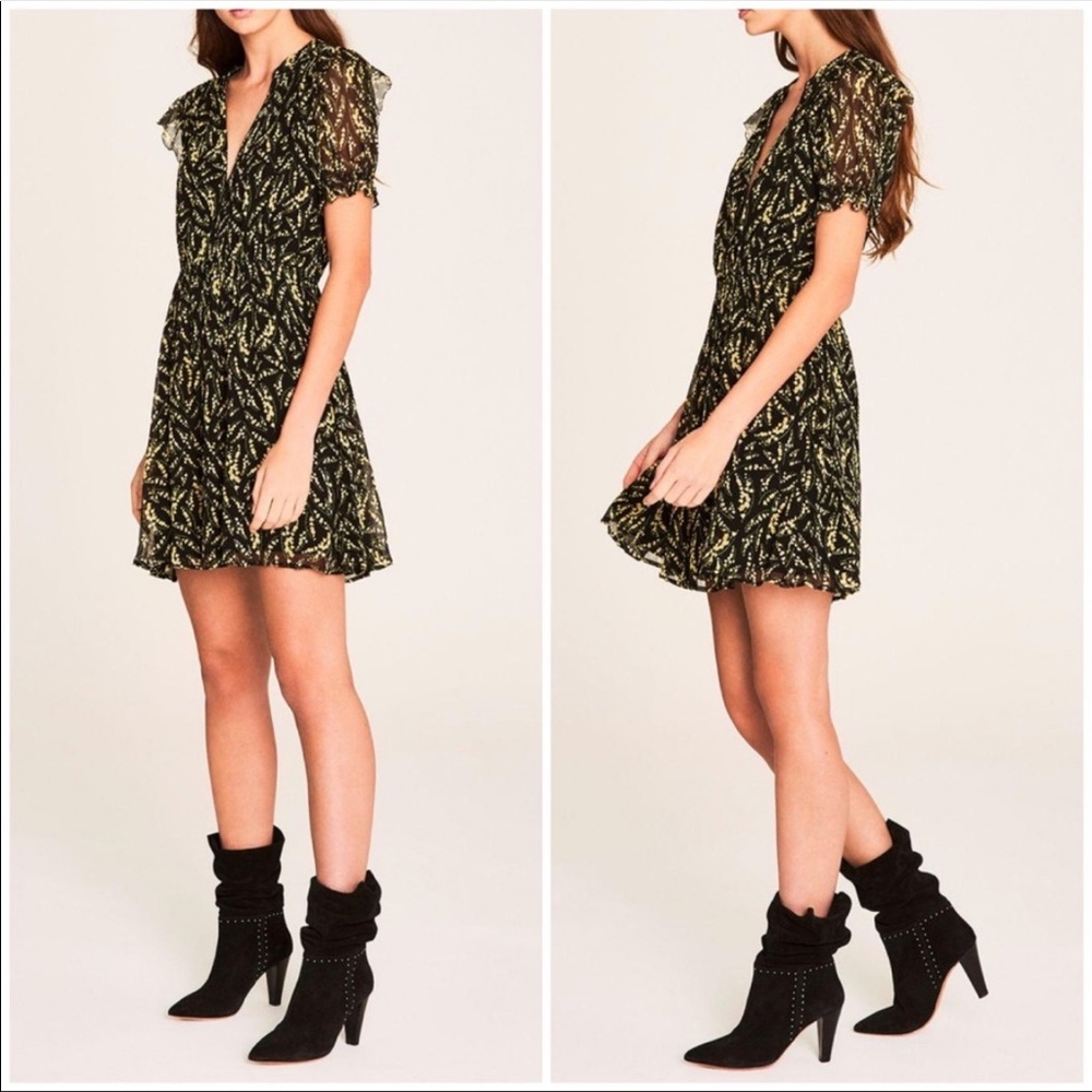 BA&SH Matcha Floral Mini Dress Noir Flowy Ruffles Elastic Waist BLK/Yellow SZ 4